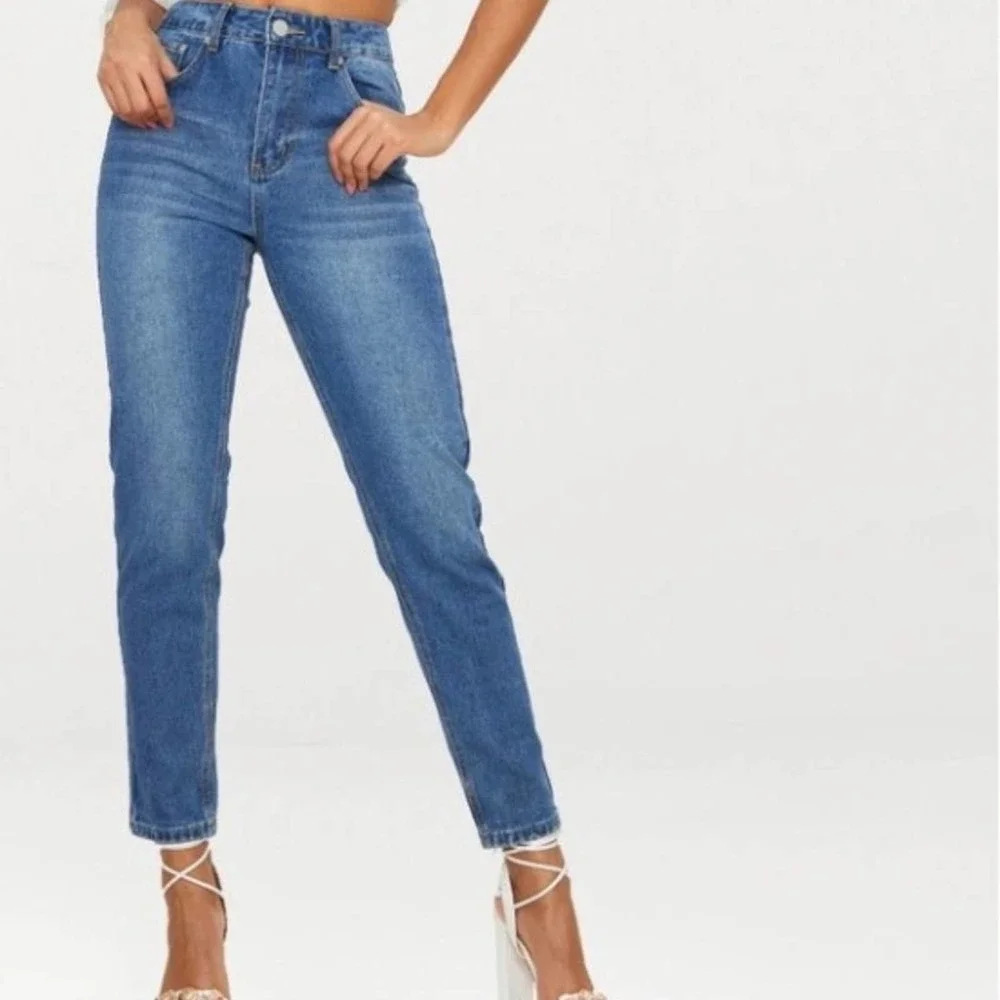 Pretty Little Thing Cheeky Jeans Size 12 Ripped DARK BLUE Bum Mid Wash Skinny - Picture 3 of 6